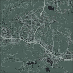 Map of Thousand Oaks in California in a smooth dark style. Contains layered vector with roads water, parks, etc.