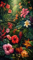 Fototapete Rund Lush tropical garden filled with vibrant palms and colorful flowers in full bloom © Anastasiia