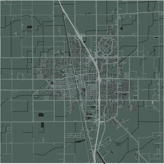 Map of Tulare in California in a smooth dark style. Contains layered vector with roads water, parks, etc.