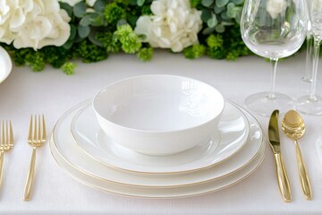 A table setting with empty plates, gold-plated cutlery and white plates.