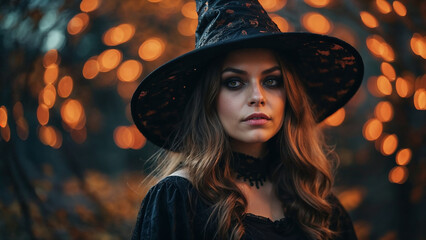 portrait of a woman in a witch costume for Halloween