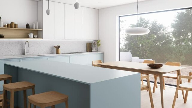 This is a beautifully designed modern minimalist kitchen that incorporates various natural elements