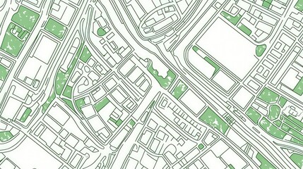 Fototapeta premium A detailed line art illustration a street map, designed with green lines on white paper in a top-down view, offering a clean, modern aesthetic.