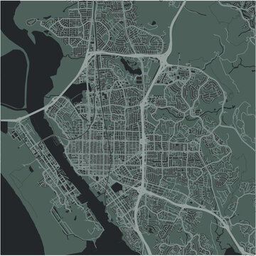 Map of Vallejo in California in a smooth dark style. Contains layered vector with roads water, parks, etc.