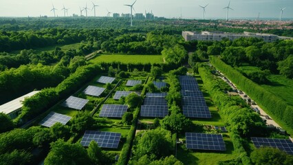 Green sustainable cityscape powered by renewable energy, featuring solar panels and wind turbines amidst lush forests. Ideal for illustrating eco-friendly urban planning and clean energy solutions