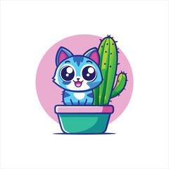 Cute Cartoon Cat With Green Cactus In Pot Vector Illustration.