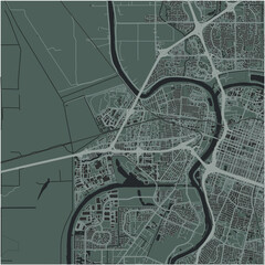Map of West Sacramento in California in a smooth dark style. Contains layered vector with roads water, parks, etc.