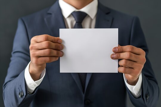 A businessman in a suit and tie is holding a blank card, ideal for branding or message showcase in corporate settings.