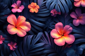 modern tropical pattern with bold palm leaves and exotic flowers vivid neon colors on black background geometric elements blending with organic shapes