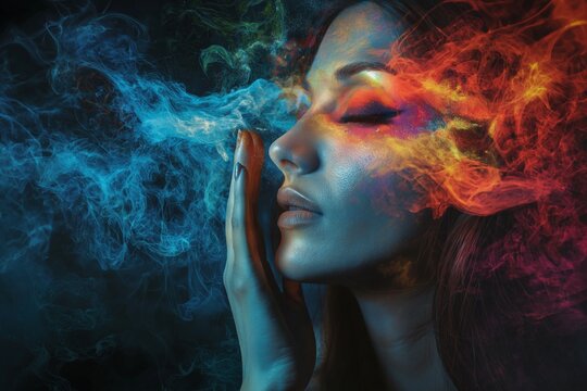 A woman stands with her eyes closed, enveloped by vibrant smoke in contrasting colors, symbolizing mystery.