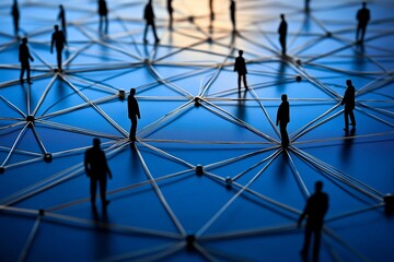 Silhouettes of figures standing on a network, symbolizing social interaction and technology on a blue background.