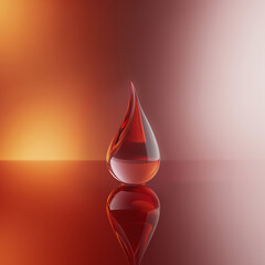Obraz premium A perfectly formed glass droplet rests on a reflective surface, bathed in warm red hues, evoking a sense of elegance.