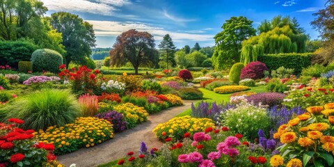 Lush and Vibrant Garden Landscape with Colorful Flowers, Greenery, and Serenity in Nature Setting