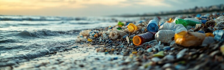 Polluted ocean coast covered with plastic bottles and cups during sunset cleanup effort