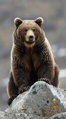 Obraz premium Brown bear perched on a rock in its natural habitat during a calm afternoon