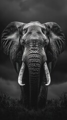 Fototapeta premium A majestic male elephant stands tall in a striking black and white portrait, showcasing its tusks