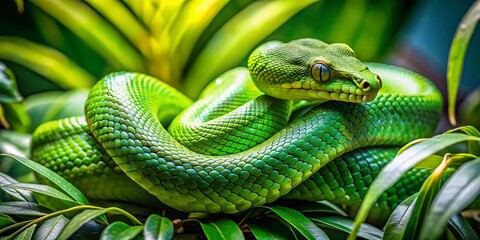 Fototapeta premium Lush Green Bean Snake Coiled Amongst Vibrant Leaves in a Tropical Environment Capturing Nature's Beauty