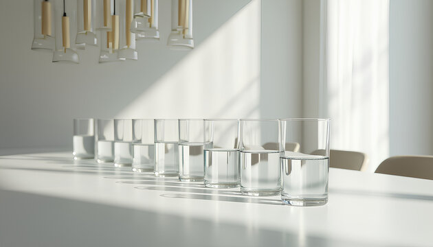 glasses of water of the same size arrange in a row on a table in a minimalist dining room