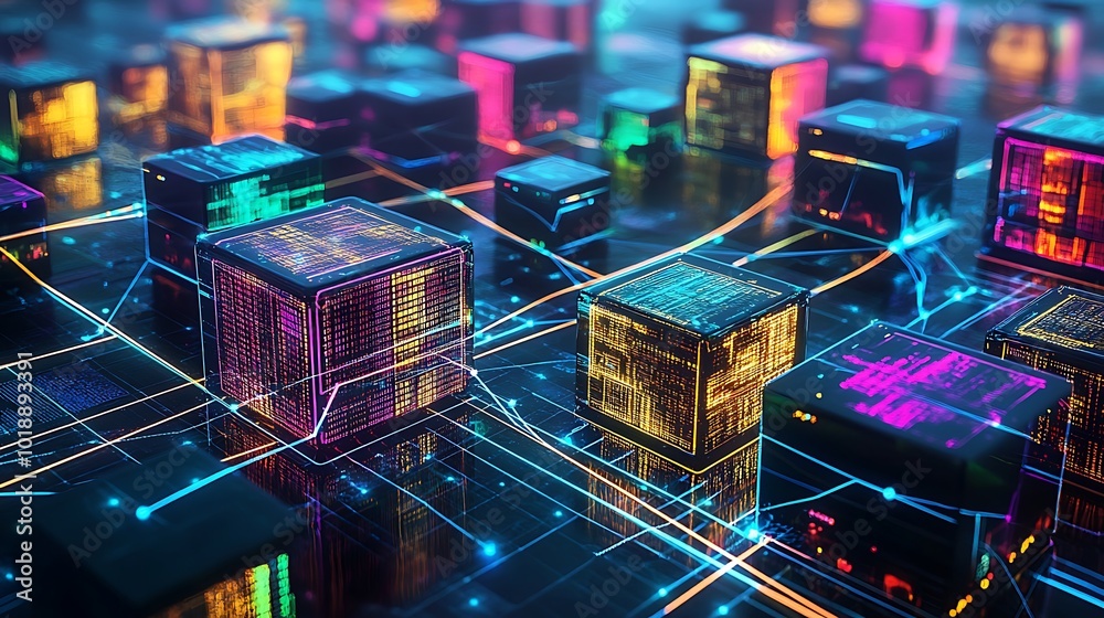 Poster abstract futuristic network of glowing cubes with digital data, connected by glowing lines.