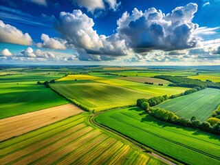 Fototapeta premium Lush Green Fields of Wheat Under a Bright Blue Sky with Fluffy White Clouds in Rural Landscape