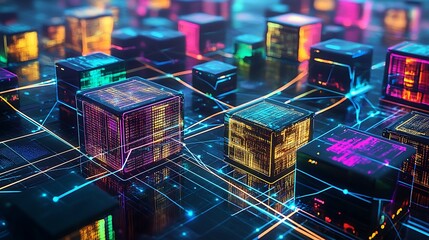 Abstract futuristic network of glowing cubes with digital data, connected by glowing lines.