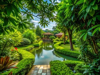 Fototapeta premium Lush Green Framing with Natural Elements Creating a Serene and Inviting Outdoor Atmosphere