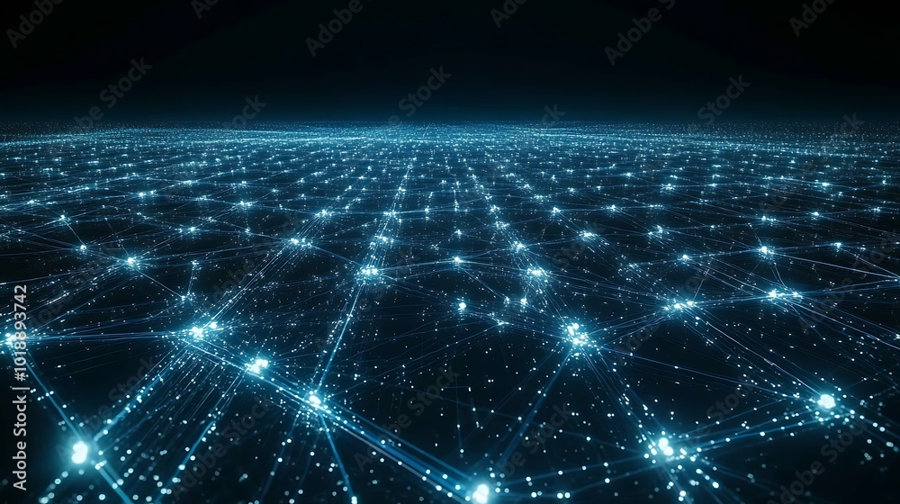 Poster Abstract digital network with glowing nodes and lines against dark blue background.