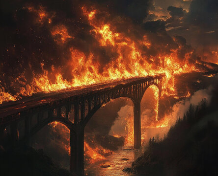 Burning bridge with large flames over a canyon 