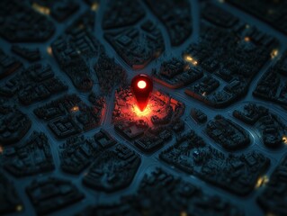 A large red location marker icon floating above a digital map surface, representing navigation and location concepts.