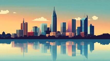 Obraz premium A stylized cityscape with a reflection in the water at sunset.