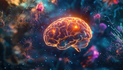 A glowing brain surrounded by luminous particles, highlighting themes creativity and ideation in a mystical environment.