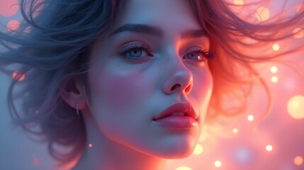 Naklejka premium Portrait of a girl with a softly lit face, combining dreamy elements and bright shades,