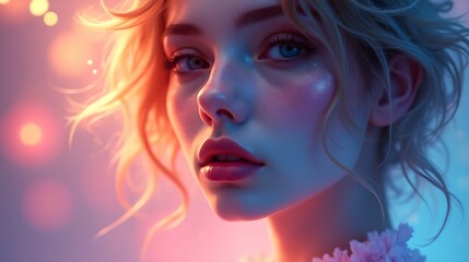 Obraz premium Portrait of a girl with a softly lit face, combining dreamy elements and bright shades,