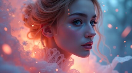 Fototapeta premium Portrait of a girl with a softly lit face, combining dreamy elements and bright shades,