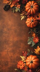 Fototapeta premium Autumn vertical background featuring pumpkins and fall decorations with flowers on a brown backdrop