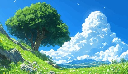 Fototapeta premium Scenic anime landscape with tree and clouds on a sunny day, vector illustration