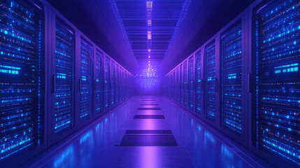 High-tech data center with glowing servers and futuristic lighting.
