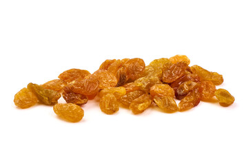 Golden raisins, isolated on white background.