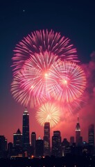 Fototapeta premium Colorful fireworks illuminate the night sky over a vibrant city skyline, celebrating a festive occasion or event.