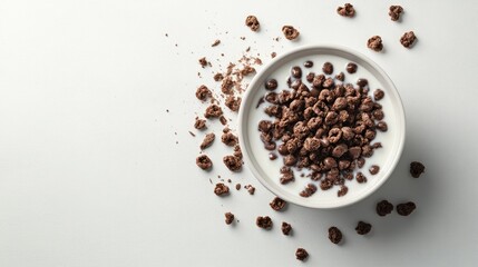 A bowl of chocolate-flavored puffed cereal, with pieces spilling over onto a clean white surface, paired with a splash of milk.