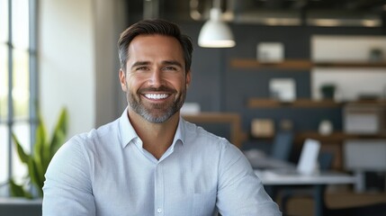Fototapeta premium Smiling happy successful businessman dressed in white shirt in the modern office. Manager at work