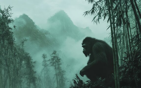 A powerful and imposing Gigantopithecus stands resolute in the shrouded, ethereal landscape of the lush, primeval jungle
