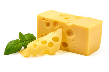 Block of Swiss cheese with holes, isolated on white background.