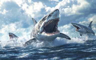 Fototapeta premium A colossal Megalodon shark silently glides through the depths, its cold, calculating gaze focused on tracking down and hunting its unsuspecting prey in the vast, open ocean