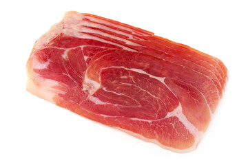 Italian prosciutto crudo or spanish jamon. Jerked meat, isolated on white background.