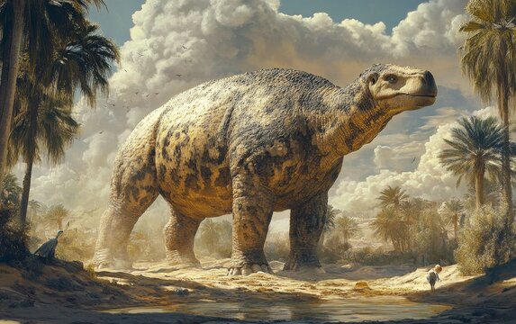 A massive Paraceratherium stands vigilant atop a rocky outcrop, its piercing gaze scanning the expansive, sun-drenched desert landscape for any signs of potential threats or valuable resources