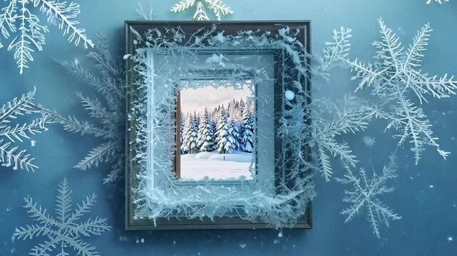 Winter landscape themed photo frame. Generative AI