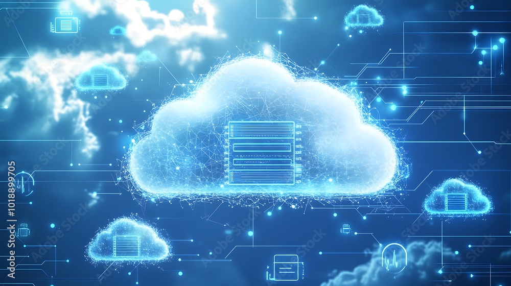 Poster Abstract cloud computing concept with digital data and server icons.