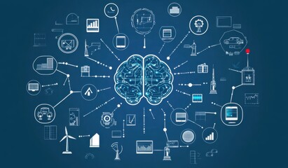 A blue background with icons of robots, wind turbines, and solar panels connected to each other by lines leading back towards the center, where there is an icon depicting a brain Generative AI