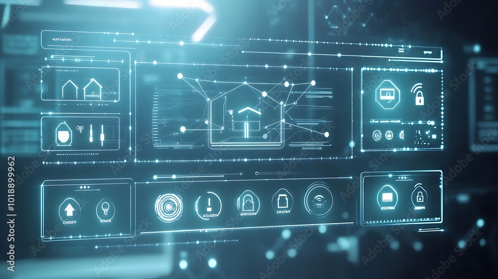 Poster abstract futuristic digital interface with home automation icons on a blue background.